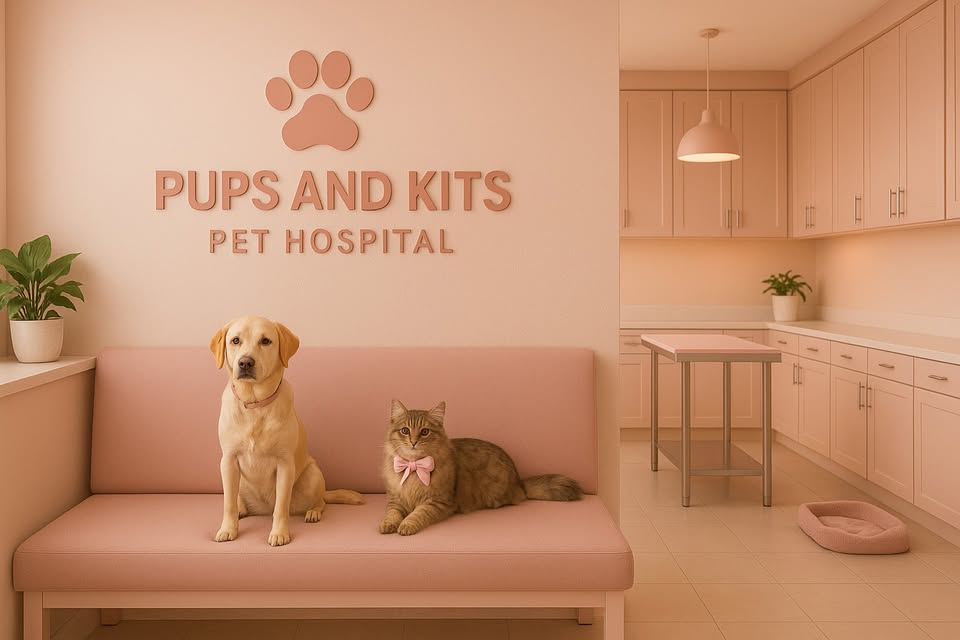 A golden labrador retriever dog and a tabby cat with a pink bow tie sitting on a pink couch in the waiting room of Pups and Kits Pet Hospital. The walls and cabinets are a soft pink color.
