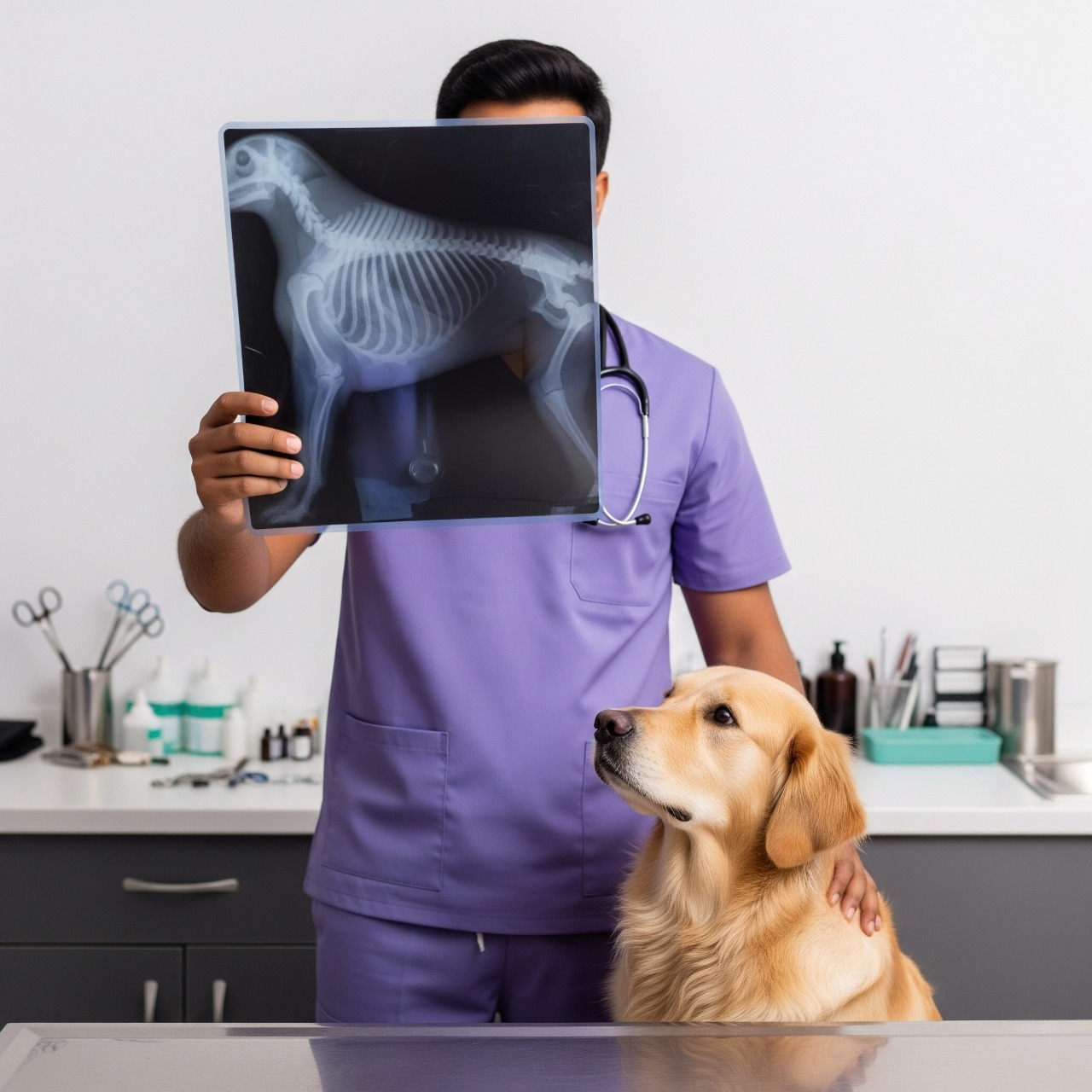 Veterinarian holding a dog’s X-ray while the pet sits calmly during diagnostic imaging.