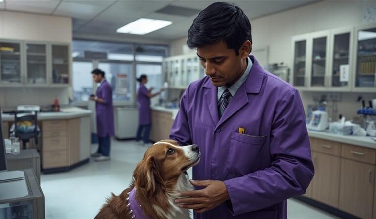 Veterinarian performing a pet diagnostic test in Kolkata at a modern animal care facility.