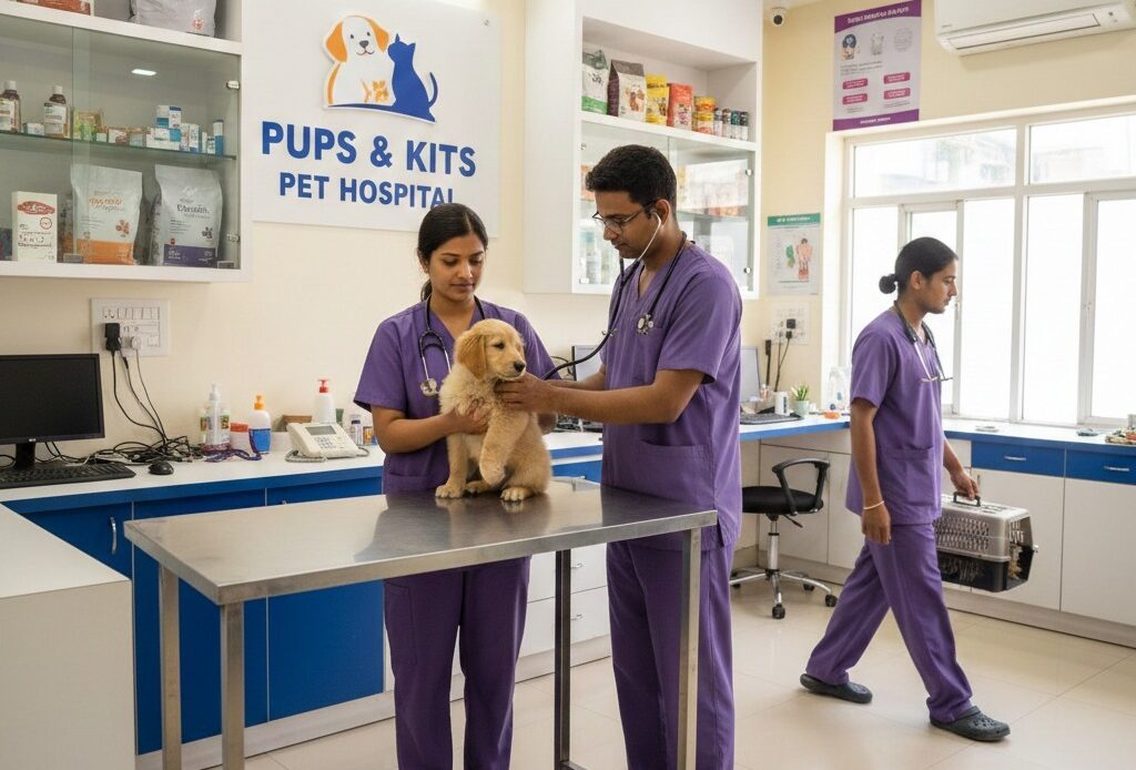 Veterinarians at Pups & Kits Pet Hospital examining a puppy inside a modern pet clinic in Santoshpur.