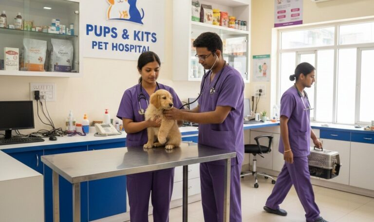 Veterinarians at Pups & Kits Pet Hospital examining a puppy inside a modern pet clinic in Santoshpur.