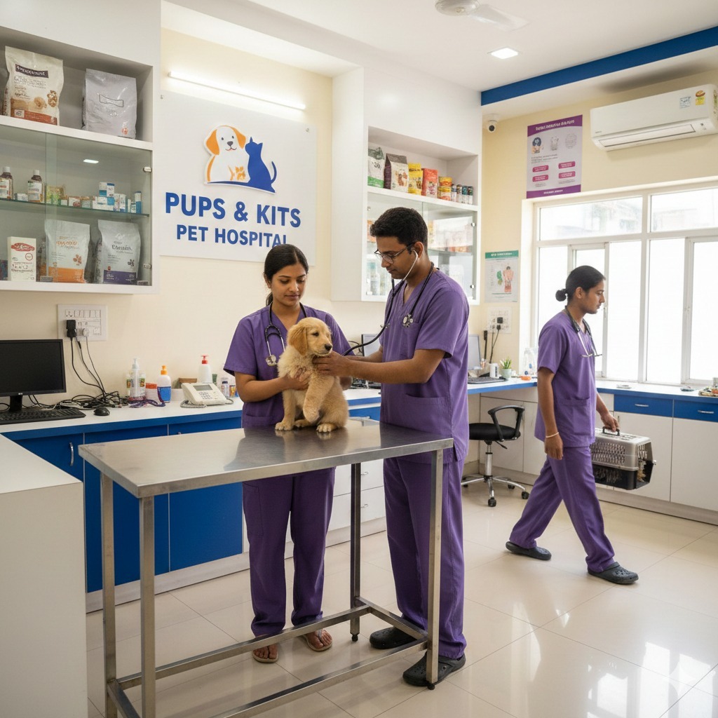Veterinarians at Pups & Kits Pet Hospital examining a puppy inside a modern pet clinic in Santoshpur.