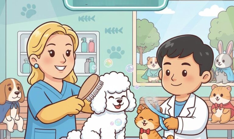 Pet grooming in Santoshpur at Pups & Kits Pet Hospital showing professional grooming care for dogs and cats in a clean salon.