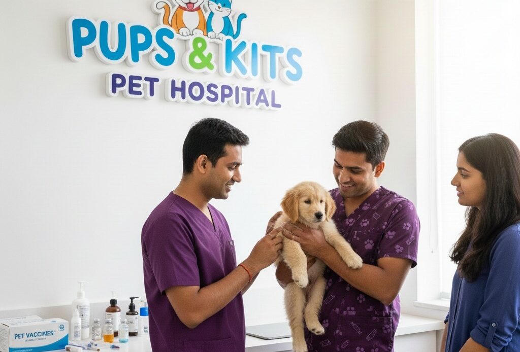 Hyperrealistic image of two Indian veterinarians in solid purple scrubs holding a golden retriever puppy for vaccination at Pups & Kits Pet Hospital. A woman observes the interaction. The bright, modern clinic setting suggests a trusted animal hospital near Ajoy Nagar.