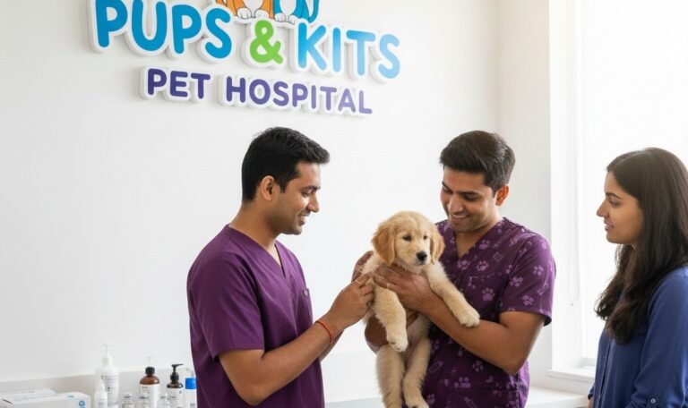Hyperrealistic image of two Indian veterinarians in solid purple scrubs holding a golden retriever puppy for vaccination at Pups & Kits Pet Hospital. A woman observes the interaction. The bright, modern clinic setting suggests a trusted animal hospital near Ajoy Nagar.
