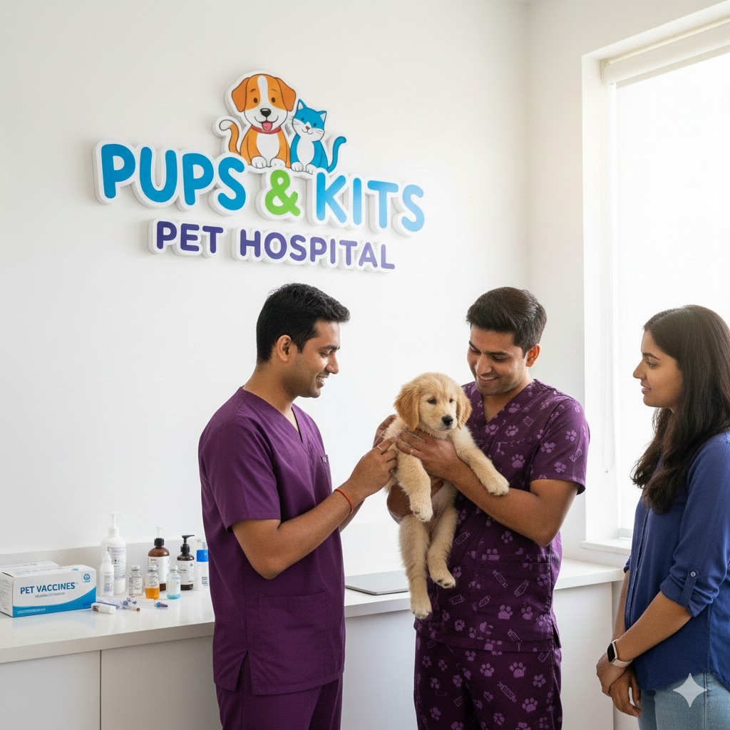 Hyperrealistic image of two Indian veterinarians in solid purple scrubs holding a golden retriever puppy for vaccination at Pups & Kits Pet Hospital. A woman observes the interaction. The bright, modern clinic setting suggests a trusted animal hospital near Ajoy Nagar.
