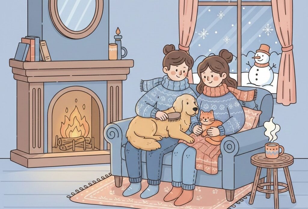 Winter pet care illustration showing a family keeping their dog and cat warm indoors, highlighting services of a pet care hospital near Survey Park.