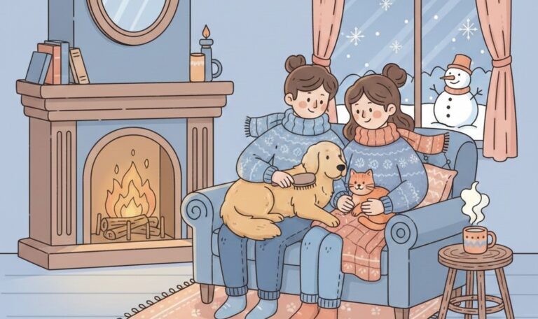Winter pet care illustration showing a family keeping their dog and cat warm indoors, highlighting services of a pet care hospital near Survey Park.