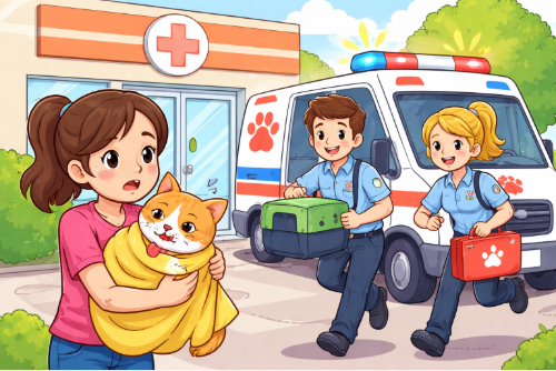 A worried pet parent carrying an injured cat arriving at a 24 hours pet hospital in Santoshpur as veterinary emergency staff rush out with medical kits.