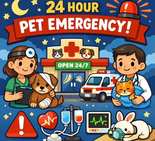 Cartoon illustration of a 24 hour pet emergency hospital in Santoshpur showing veterinarians providing emergency care to dogs and cats, representing Pups & Kits Pet Hospital open 24/7.