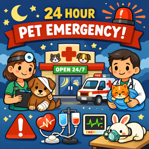 Cartoon illustration of a 24 hour pet emergency hospital in Santoshpur showing veterinarians providing emergency care to dogs and cats, representing Pups & Kits Pet Hospital open 24/7.