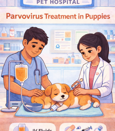 Cartoon illustration of two veterinarians at Pups & Kits Pet Hospital administering IV fluids and anti-nausea treatment to a sick puppy for parvovirus care at a dog hospital in Santoshpur.