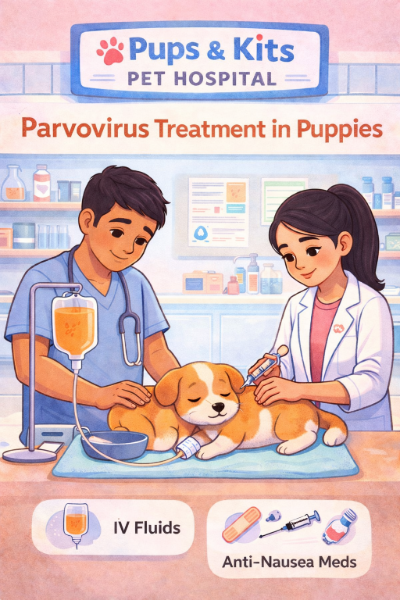 Cartoon illustration of two veterinarians at Pups & Kits Pet Hospital administering IV fluids and anti-nausea treatment to a sick puppy for parvovirus care at a dog hospital in Santoshpur.
