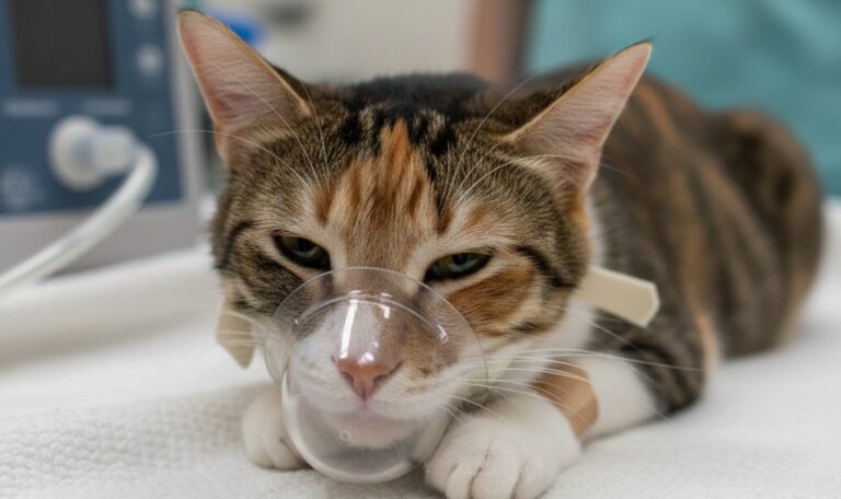 Cat receiving oxygen therapy at a pet clinic near Survey Park under professional veterinary supervision