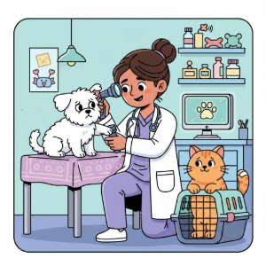 Veterinarian performing a routine pet consultation in Santoshpur while examining a dog and cat at a pet clinic.