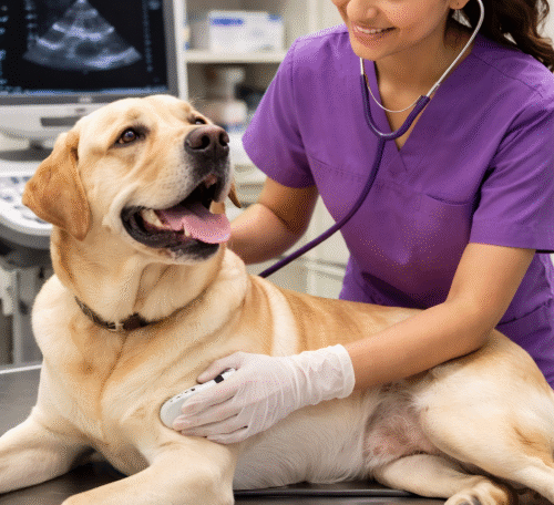 Veterinarian in purple scrubs performing diagnostic examination on a Labrador dog at a modern pet diagnostics near Survey Park facility.