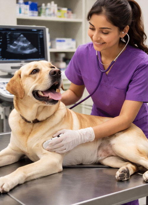 Veterinarian in purple scrubs performing diagnostic examination on a Labrador dog at a modern pet diagnostics near Survey Park facility.