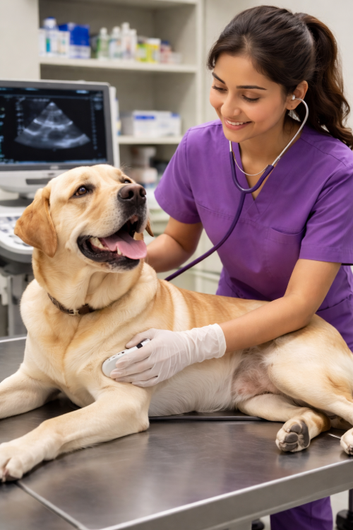 Veterinarian in purple scrubs performing diagnostic examination on a Labrador dog at a modern pet diagnostics near Survey Park facility.