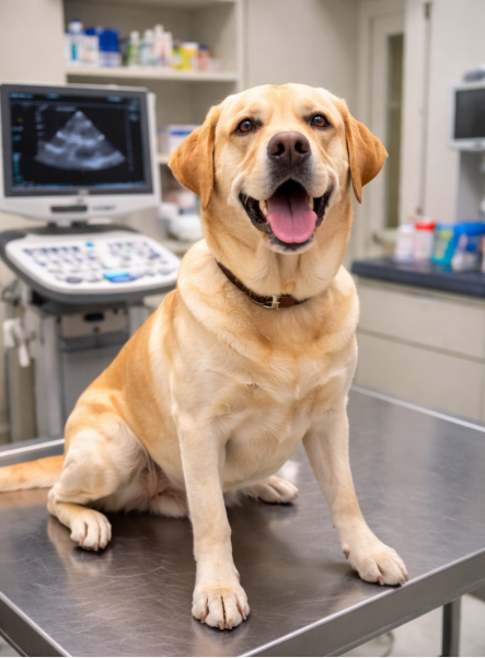 Labrador dog sitting on a veterinary examination table during pet diagnostics near Survey Park at a modern pet hospital.