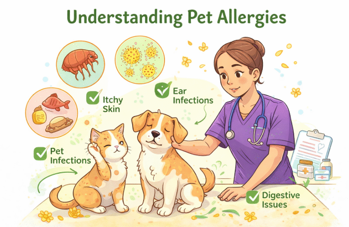 Colorful cartoon illustration showing a veterinarian in purple scrubs examining a dog and cat to explain common pet allergies, created for the top animal hospital in Santoshpur.