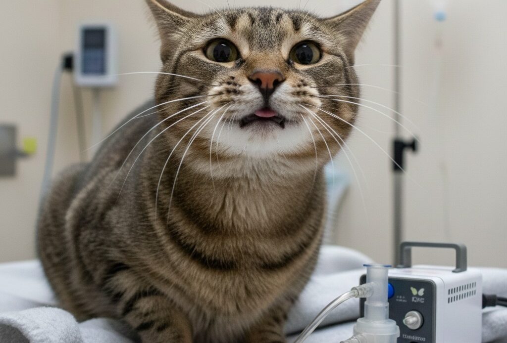 A cat receiving respiratory care with a nebulizer at Pups & Kits Pet Hospital, a top veterinary hospital in Santoshpur offering advanced treatment for pets.