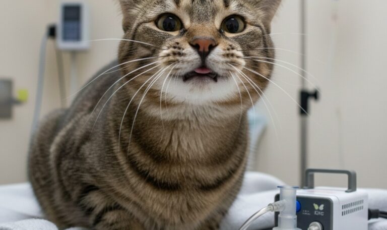 A cat receiving respiratory care with a nebulizer at Pups & Kits Pet Hospital, a top veterinary hospital in Santoshpur offering advanced treatment for pets.