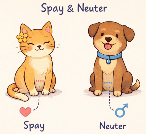 Simple cartoon illustration showing a cat labeled spay and a dog labeled neuter, explaining Spay and Neuter in Santoshpur for pet health awareness.