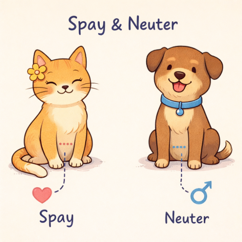 Simple cartoon illustration showing a cat labeled spay and a dog labeled neuter, explaining Spay and Neuter in Santoshpur for pet health awareness.