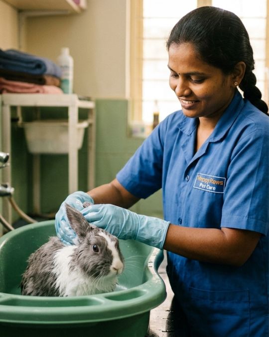 Indian employee bathing for rabbit at Pups and Kits Pet Hospital for pet grooming near you in Santoshpur