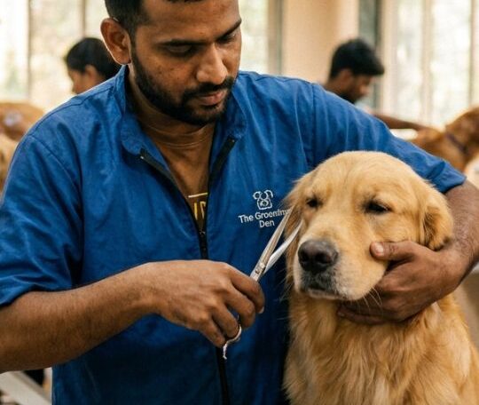 Indian employee cutting fur for dog at Pups and Kits Pet Hospital