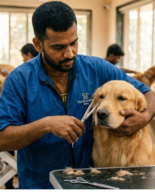 Indian employee cutting fur for dog at Pups and Kits Pet Hospital