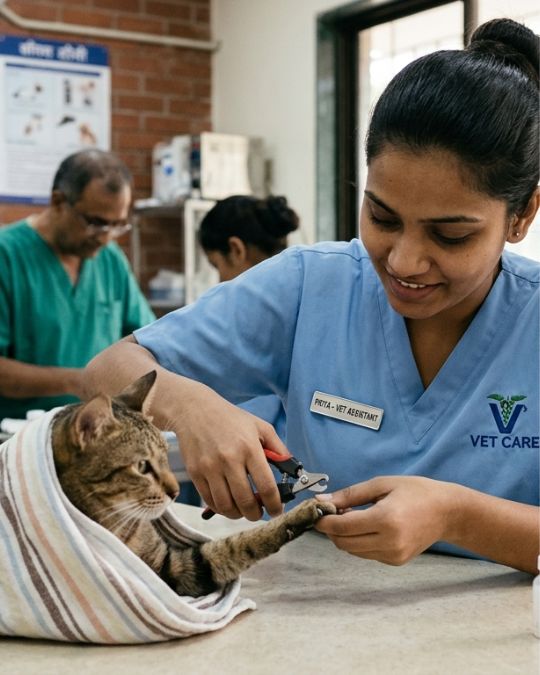 Indian employee cutting nails for cat at Pups and Kits Pet Hospital for pet grooming near you in Santoshpur