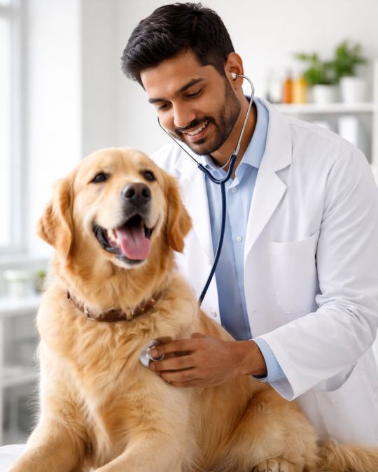 Indian vet checking dog in best dog clinic in Santoshpur in Pups and Kits Pet Hospital