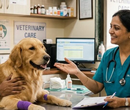 Indian vet doing checkup for a dog in best dog clinic in Santoshpur in Pups and Kits Pet Hospital