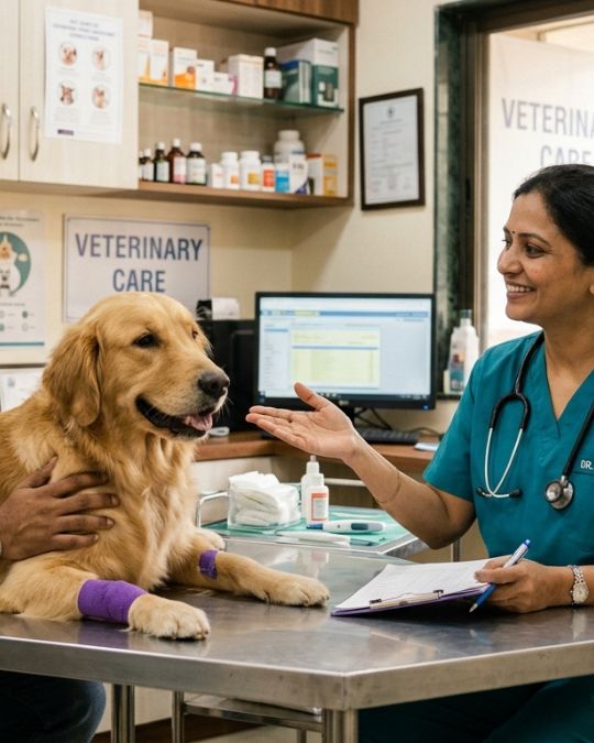 Indian vet doing checkup for a dog in best dog clinic in Santoshpur in Pups and Kits Pet Hospital