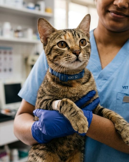 Indian vet holding a cat for cat hospital in Santoshpur in Pups and Kits Pet Hospital