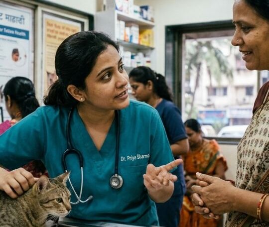 Indian vet is petting cat and talking with indian cat owner for cat hospital in Santoshpur in Pups and Kits Pet Hospital