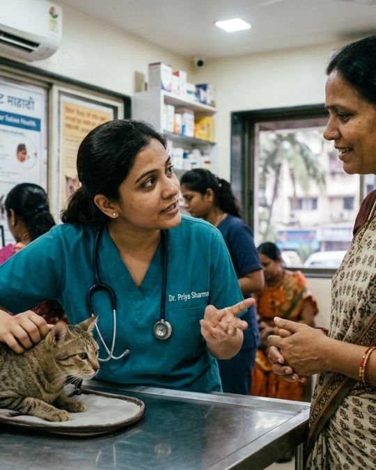 Indian vet is petting cat and talking with indian cat owner for cat hospital in Santoshpur in Pups and Kits Pet Hospital