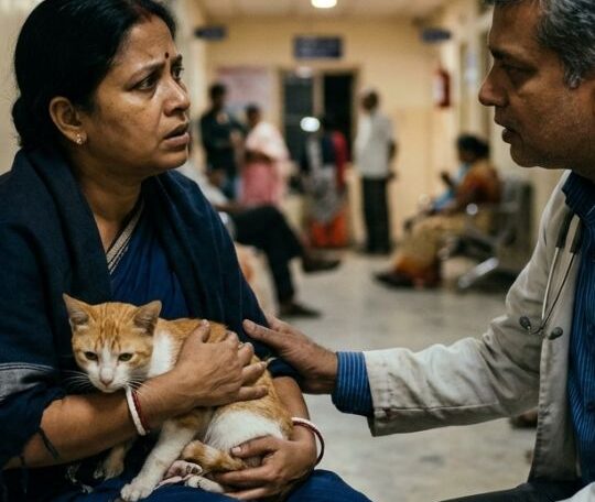 Pet Emergency indian woman is talking with the indian doctor at Pups and Kits Pet Hospital