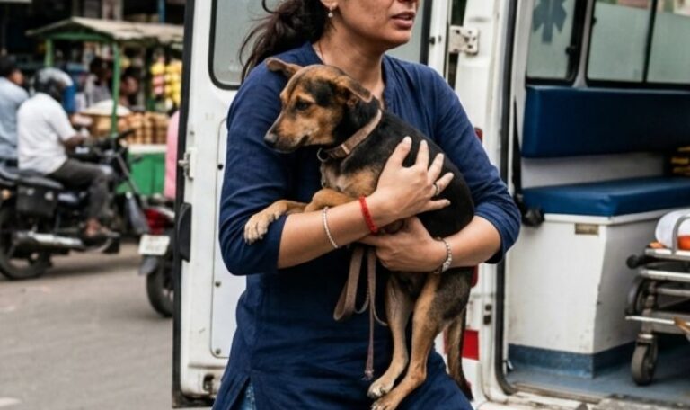 Pet owner carrying her sick dog to the Pups and Kits Pet Hospital