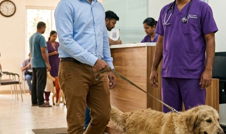 a man is talking with a indian vet about his dog