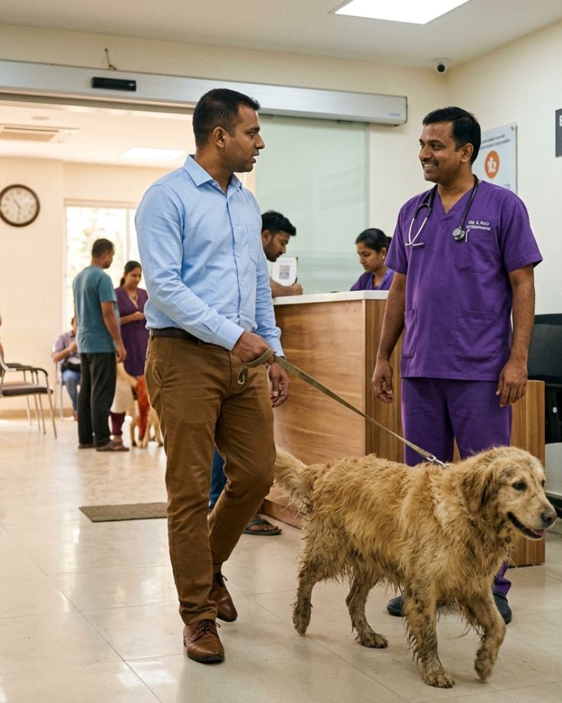 a man is talking with a indian vet about his dog