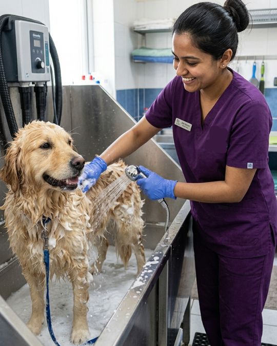 an Indian vet showering a golden retriver at Pups and Kits Hospital entering with his dog
