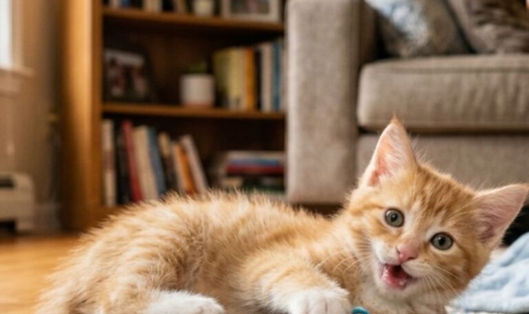 a cat is playing in the house with a ball