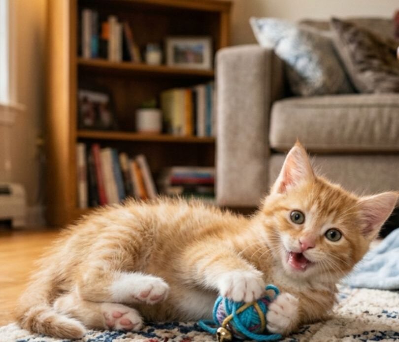 a cat is playing in the house with a ball