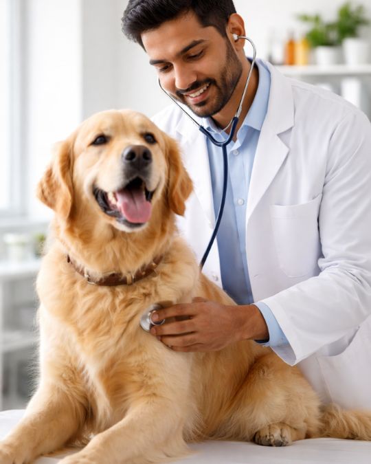 doctor is checking dog at Pups and Kits Pet Hospital