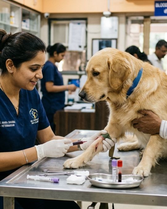 Indian vet doing blood test at dog for pet diagnostic lab in Santoshpur in Pups and Kits Pet Hospital