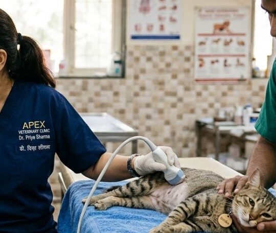 Indian vet doing ultrasound at cat for pet diagnostic lab in Santoshpur in Pups and Kits Pet Hospital