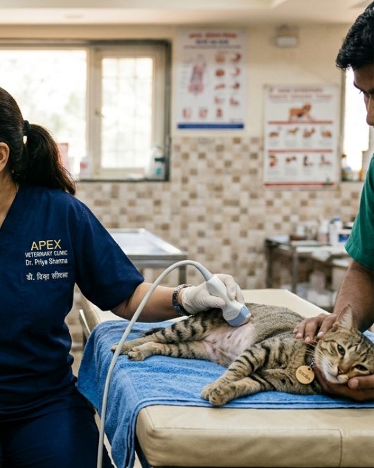 Indian vet doing ultrasound at cat for pet diagnostic lab in Santoshpur in Pups and Kits Pet Hospital