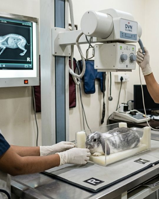 Indian vet doing x-ray at rabbit pet diagnostic lab in Santoshpur in Pups and Kits Pet Hospital